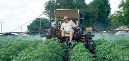 Man riding on a crop sprayer in a field.